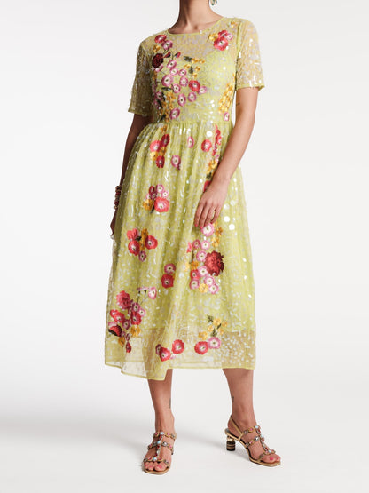 Green Embroidered Chamomile Cluster Dress