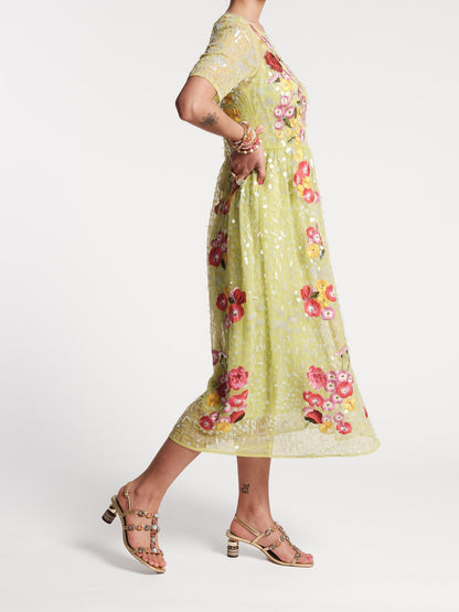 Green Embroidered Chamomile Cluster Dress