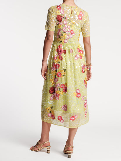 Green Embroidered Chamomile Cluster Dress
