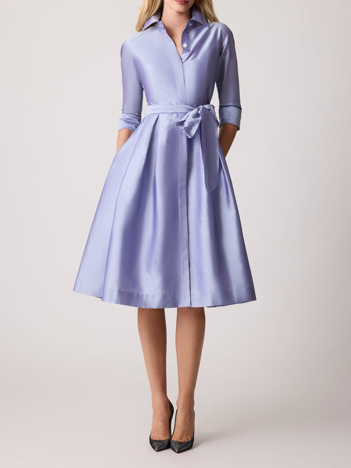 3/4 Sleeve Belted Taffeta Shirtdress