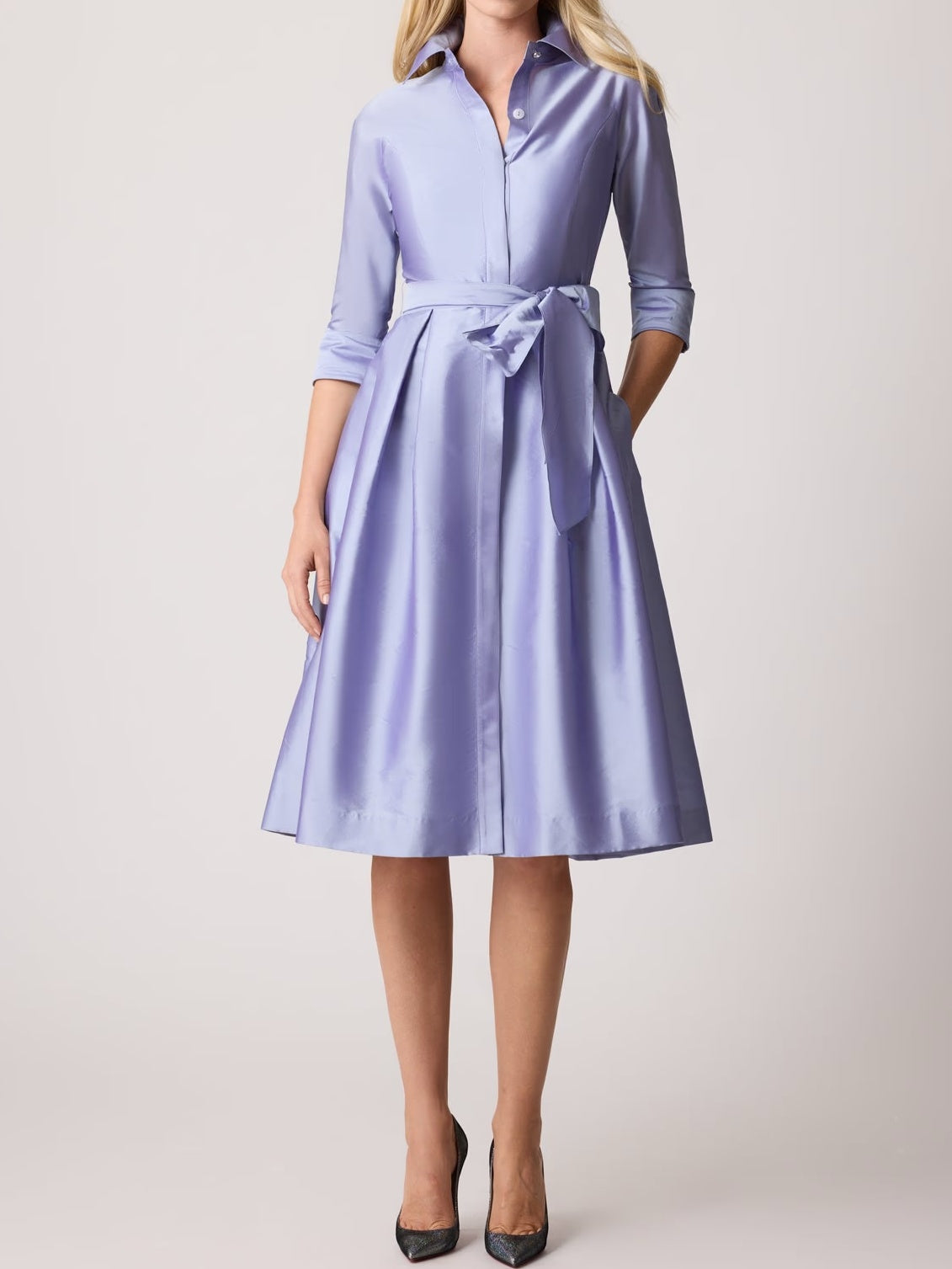 3/4 Sleeve Belted Taffeta Shirtdress