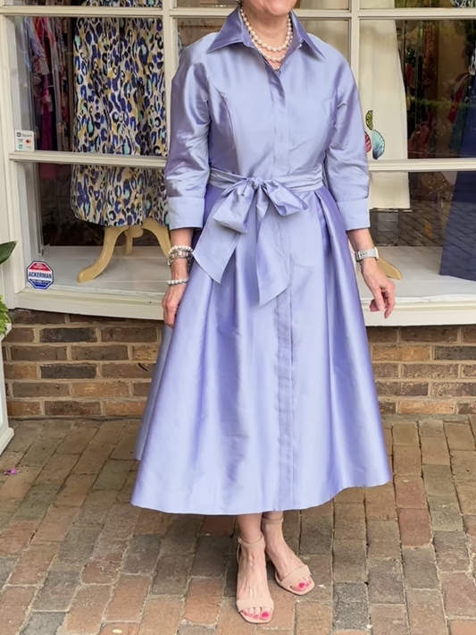 3/4 Sleeve Belted Taffeta Shirtdress