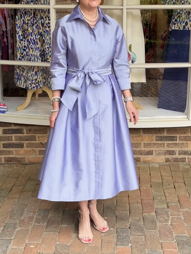 3/4 Sleeve Belted Taffeta Shirtdress