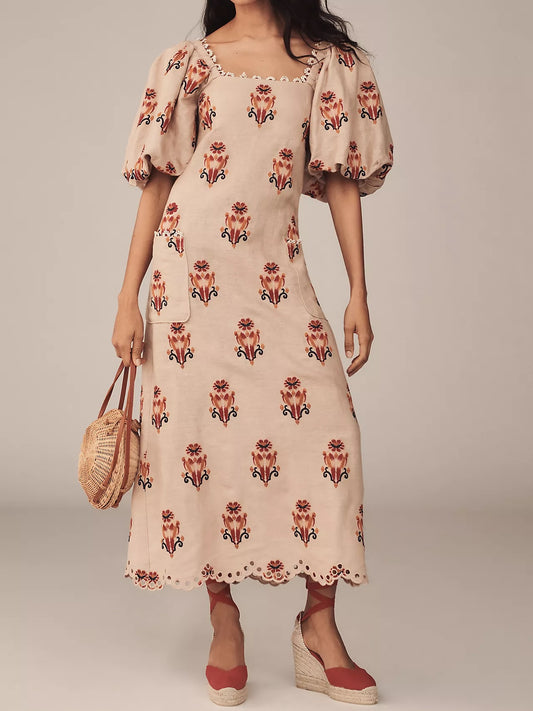 Embroidered Puff Sleeve Square Collar Dress