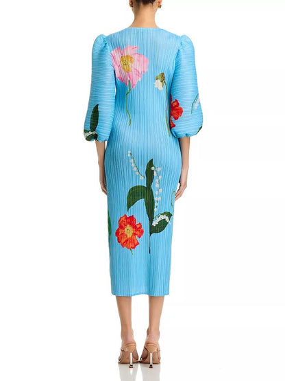 Floral Print Crinkled Puff Sleeve Dress