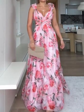 Pink Chiffon Ruffle Print Dress