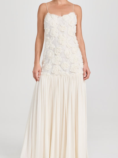Floral Applique Pleated Chiffon Maxi Dress