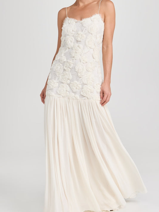Floral Applique Pleated Chiffon Maxi Dress