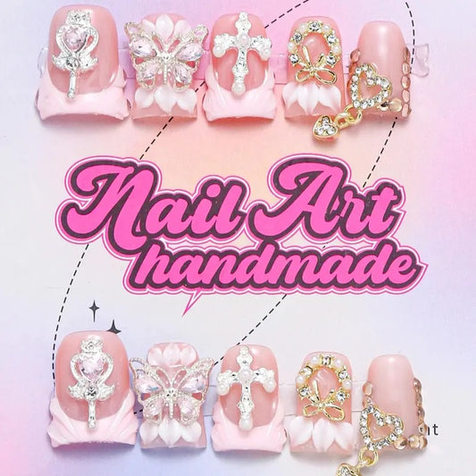 Y2K Style Rhinestone & Faux Pearl Decor Fake Nails, 10pcs/set Fashion Press On Nails For Women & Girls DIY Nail Art Beauty Products, Nail Charms