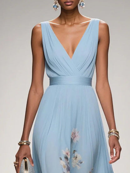 Light Blue Floral Chiffon V Neck Sleeveless A-Line Maxi Dress