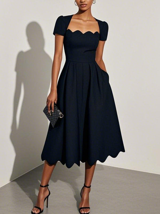 Scalloped Square Neck Short Sleeve Midi Dress