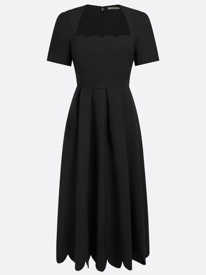 Scalloped Square Neck Short Sleeve Midi Dress