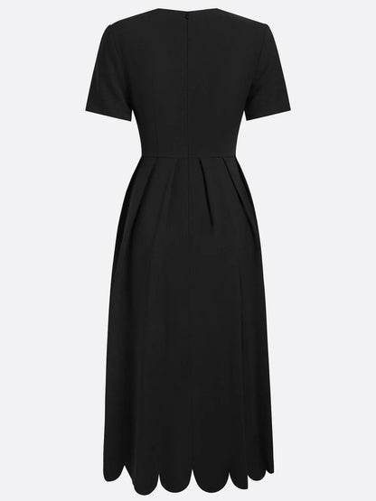 Scalloped Square Neck Short Sleeve Midi Dress