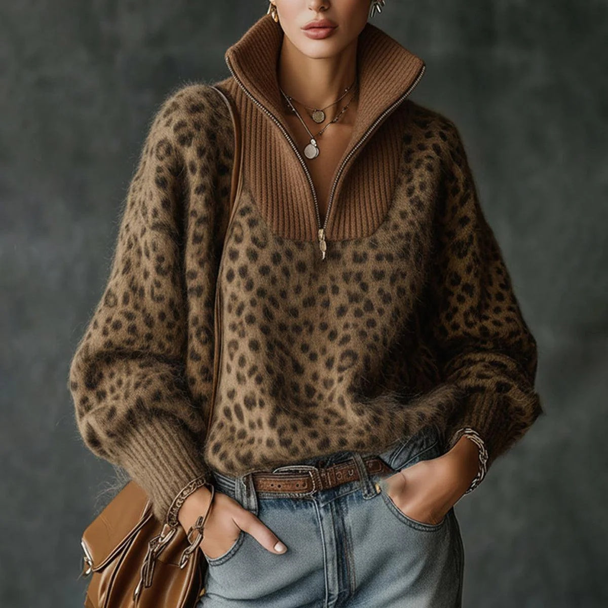 Leopard Print Zip-Up Sweater