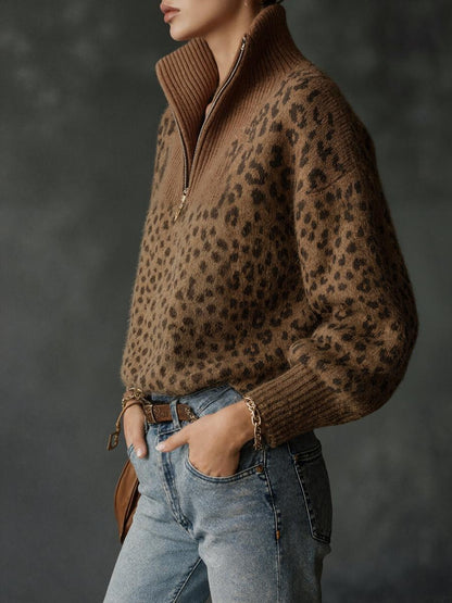 Leopard Print Zip-Up Sweater