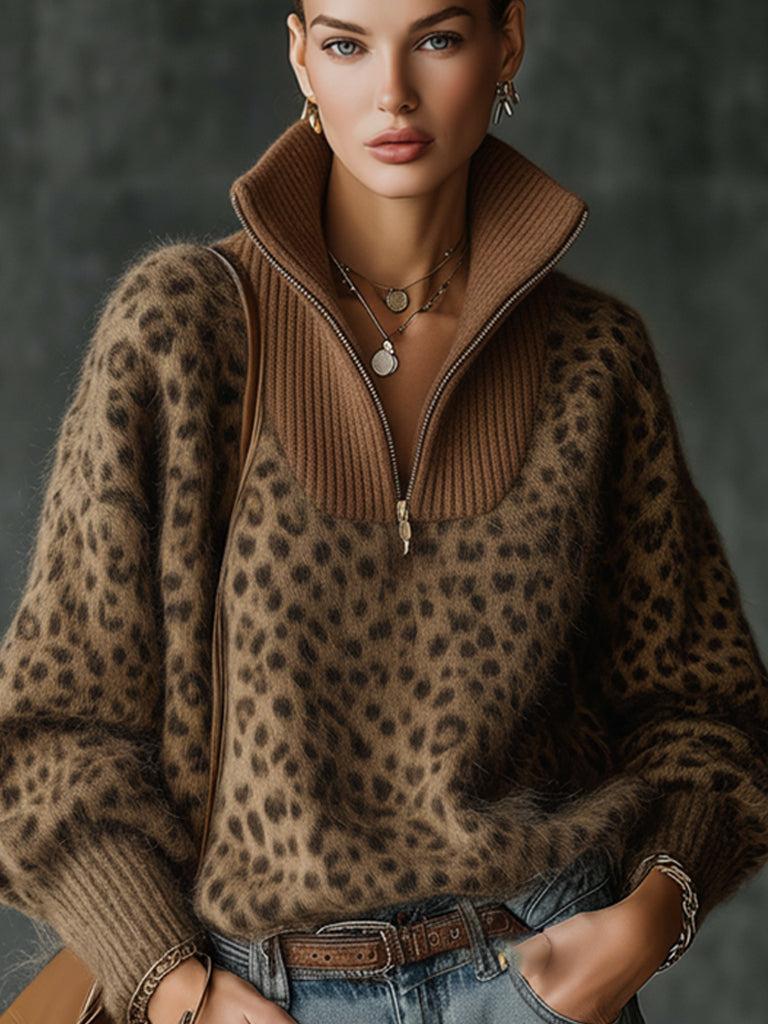 Leopard Print Zip-Up Sweater