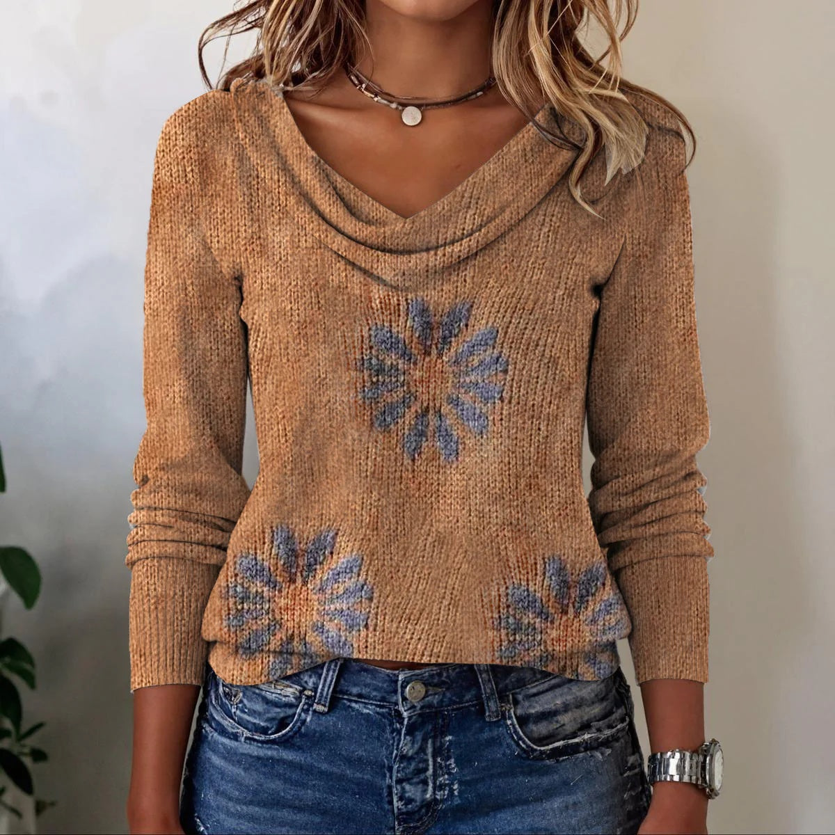 Camel Floral Knit Sweater