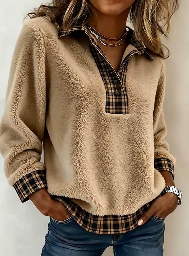 Cozy Faux Sherpa Plaid Top With Contrast Checkered Collar