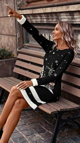 Cute Christmas Snowman Print Long Sleeve Mini Dress