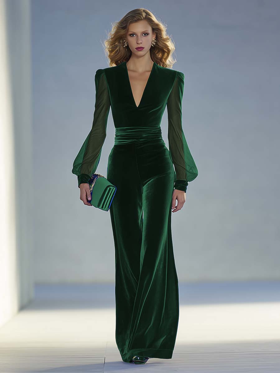 V-neck Mesh Long-sleeved Royal Blue Velvet Jumpsuit
