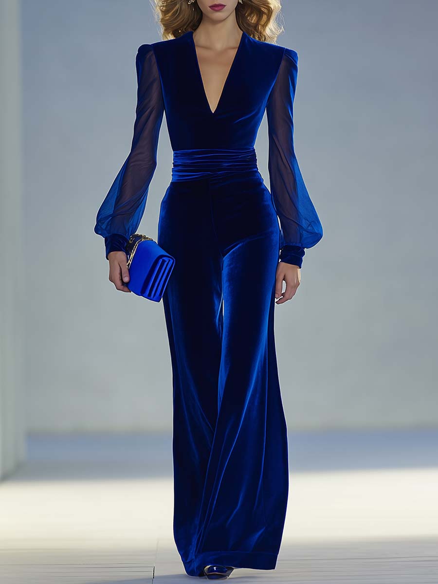 V-neck Mesh Long-sleeved Royal Blue Velvet Jumpsuit