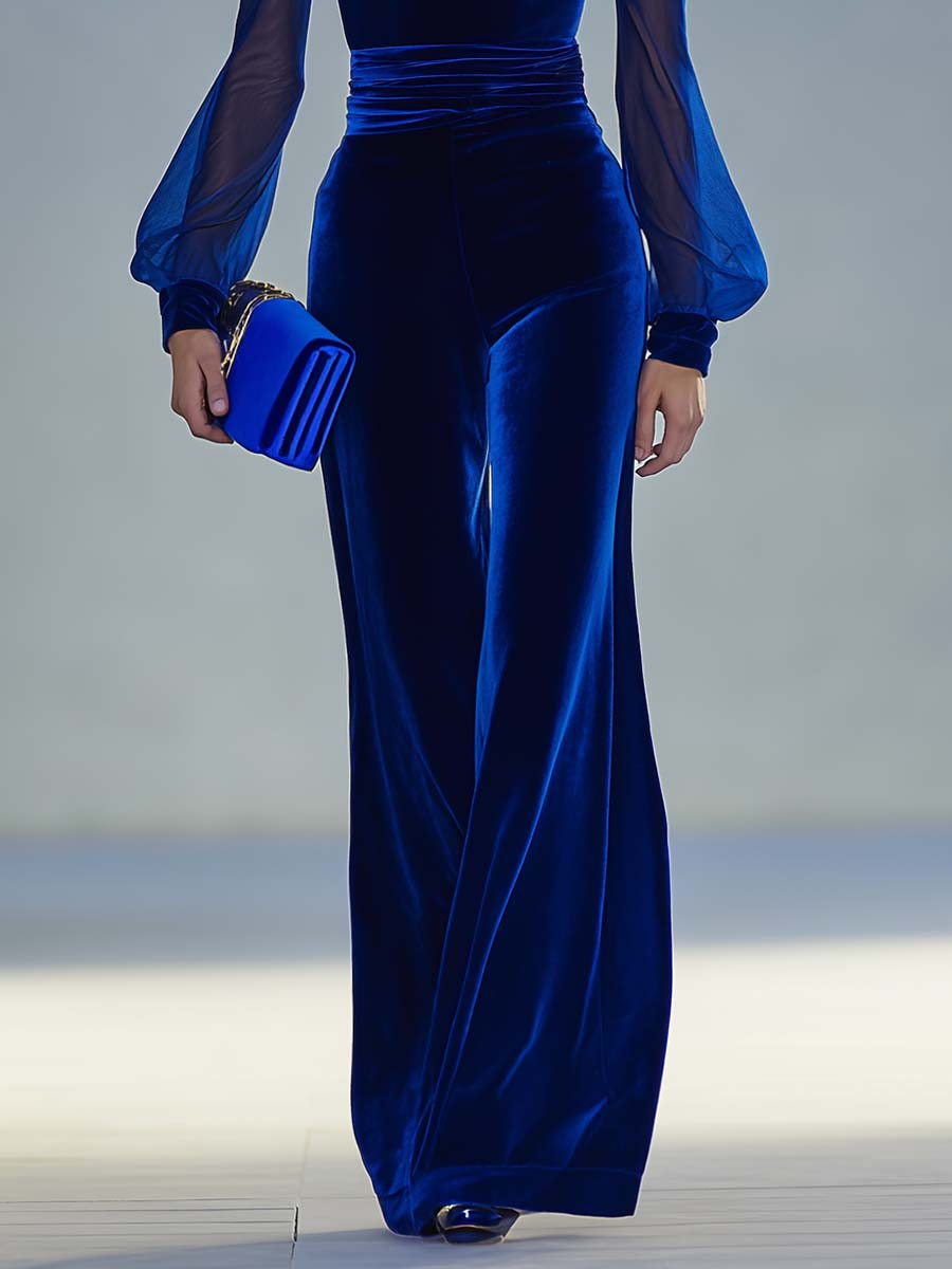 V-neck Mesh Long-sleeved Royal Blue Velvet Jumpsuit