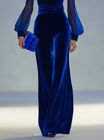 V-neck Mesh Long-sleeved Royal Blue Velvet Jumpsuit