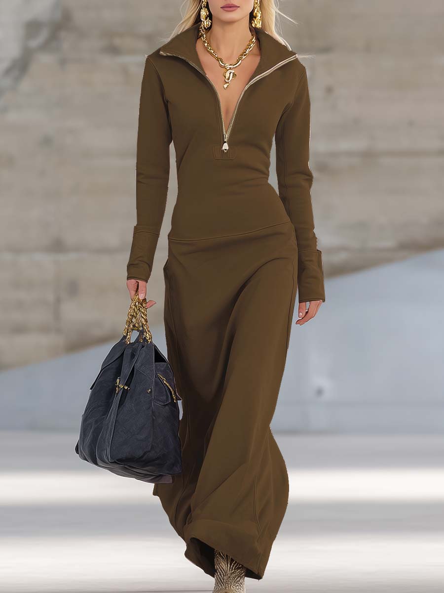 Elegant Retro Sporty V-neck Front Zipper Long-sleeved Maxi Dress