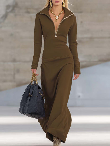 Elegant Retro Sporty V-neck Front Zipper Long-sleeved Maxi Dress