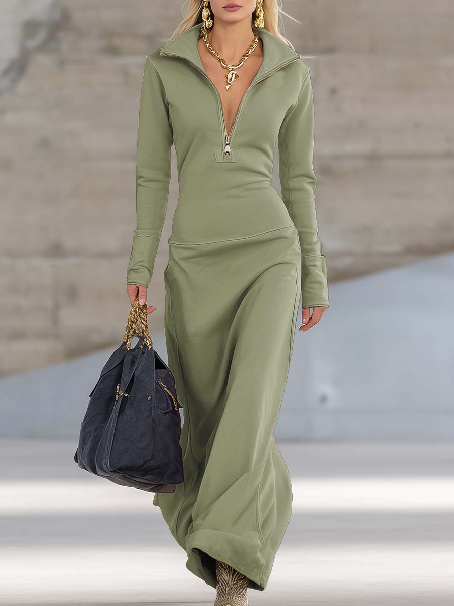 Elegant Retro Sporty V-neck Front Zipper Long-sleeved Maxi Dress