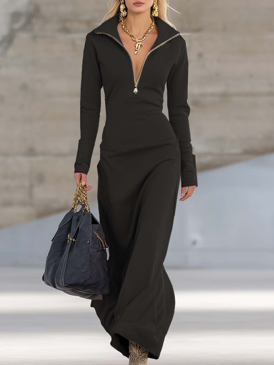 Elegant Retro Sporty V-neck Front Zipper Long-sleeved Maxi Dress
