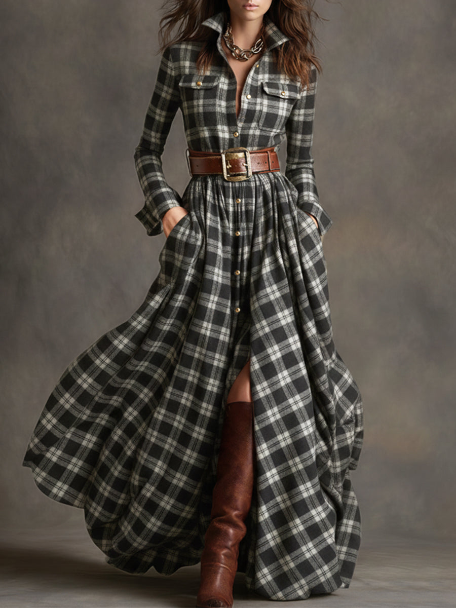 Retro Ethnic Style Lapel  Plaid Maxi Dress