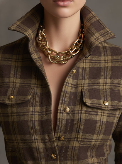 Retro Ethnic Style Lapel  Plaid Maxi Dress