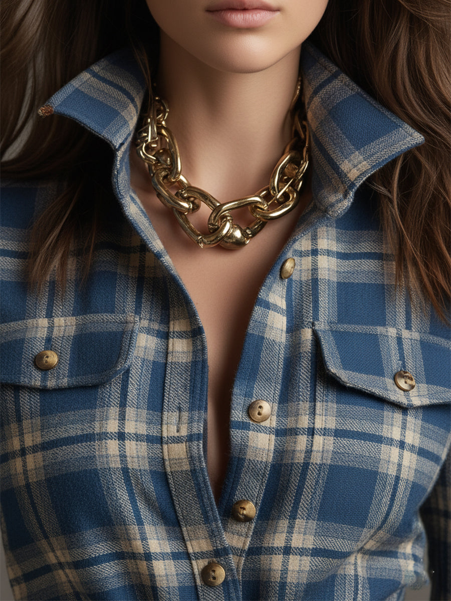 Retro Ethnic Style Lapel  Plaid Maxi Dress