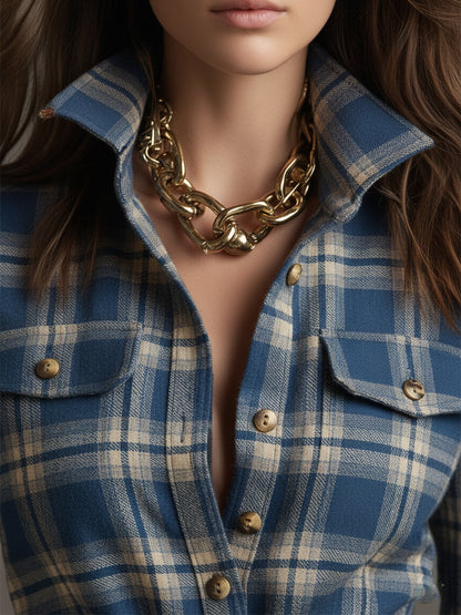 Retro Ethnic Style Lapel  Plaid Maxi Dress