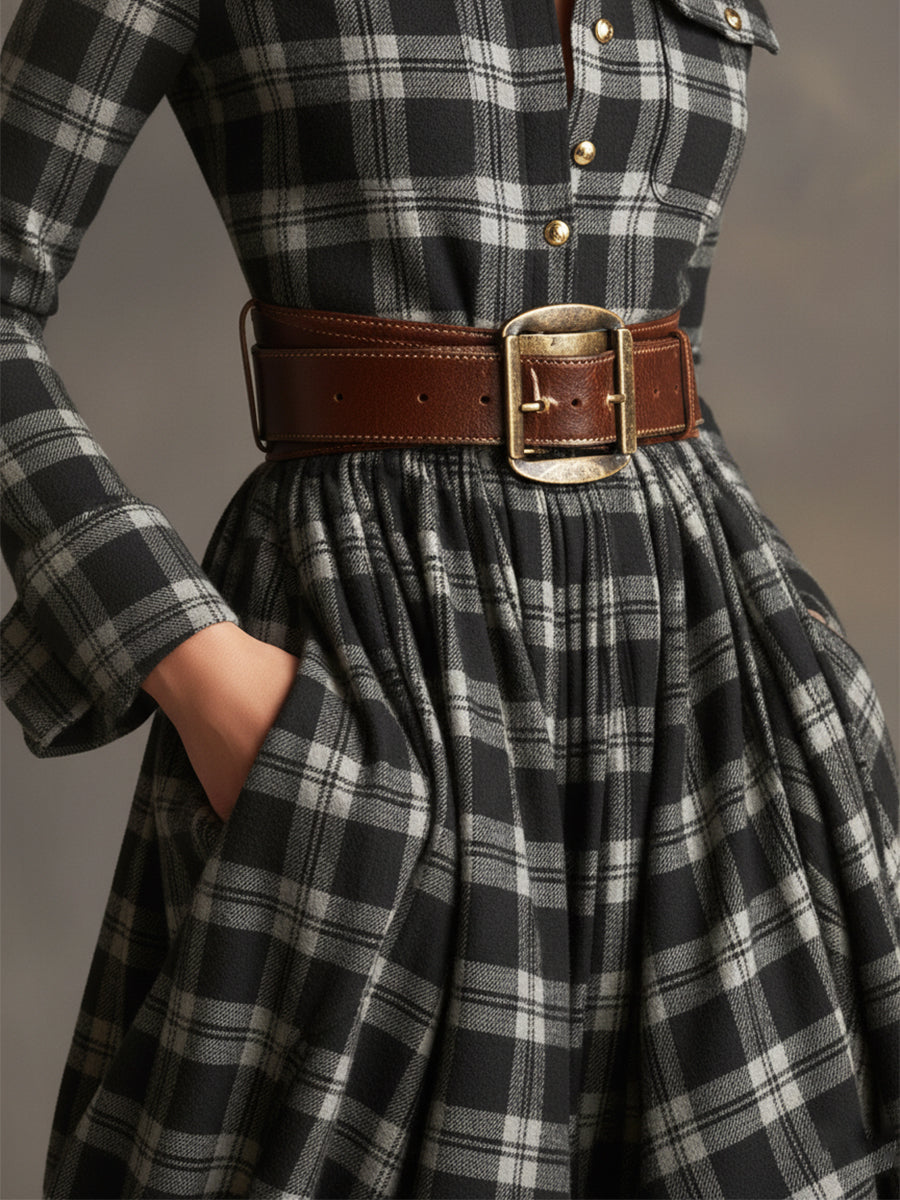 Retro Ethnic Style Lapel  Plaid Maxi Dress