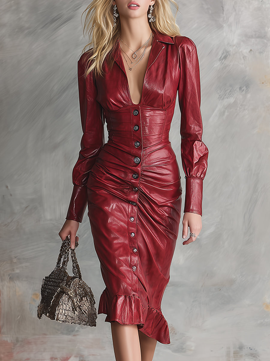 Classic Urban Collared Button-down Red Faux Leather Midi Dress