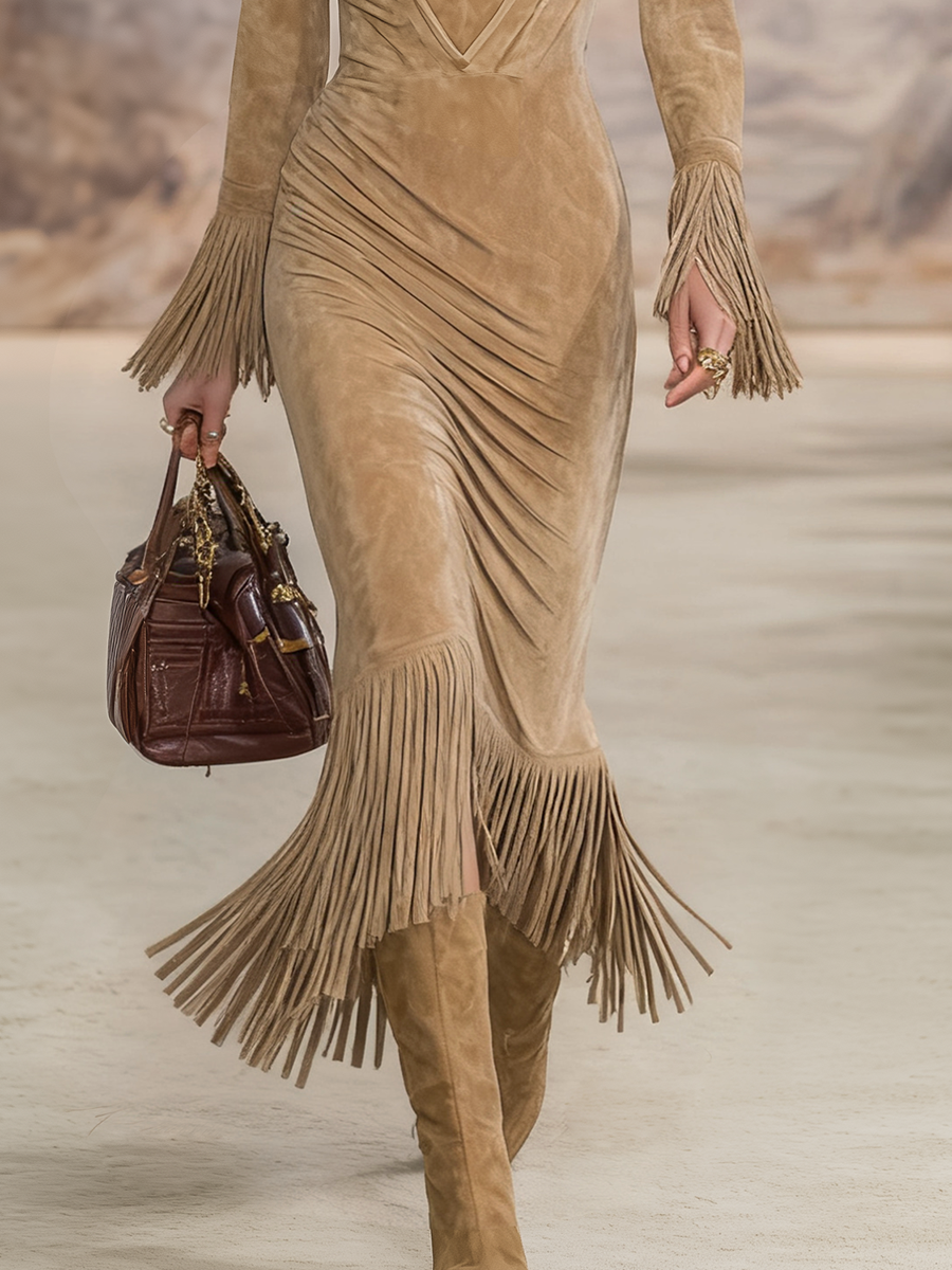 V-neck Fringed Faux Suede Maxi Dress