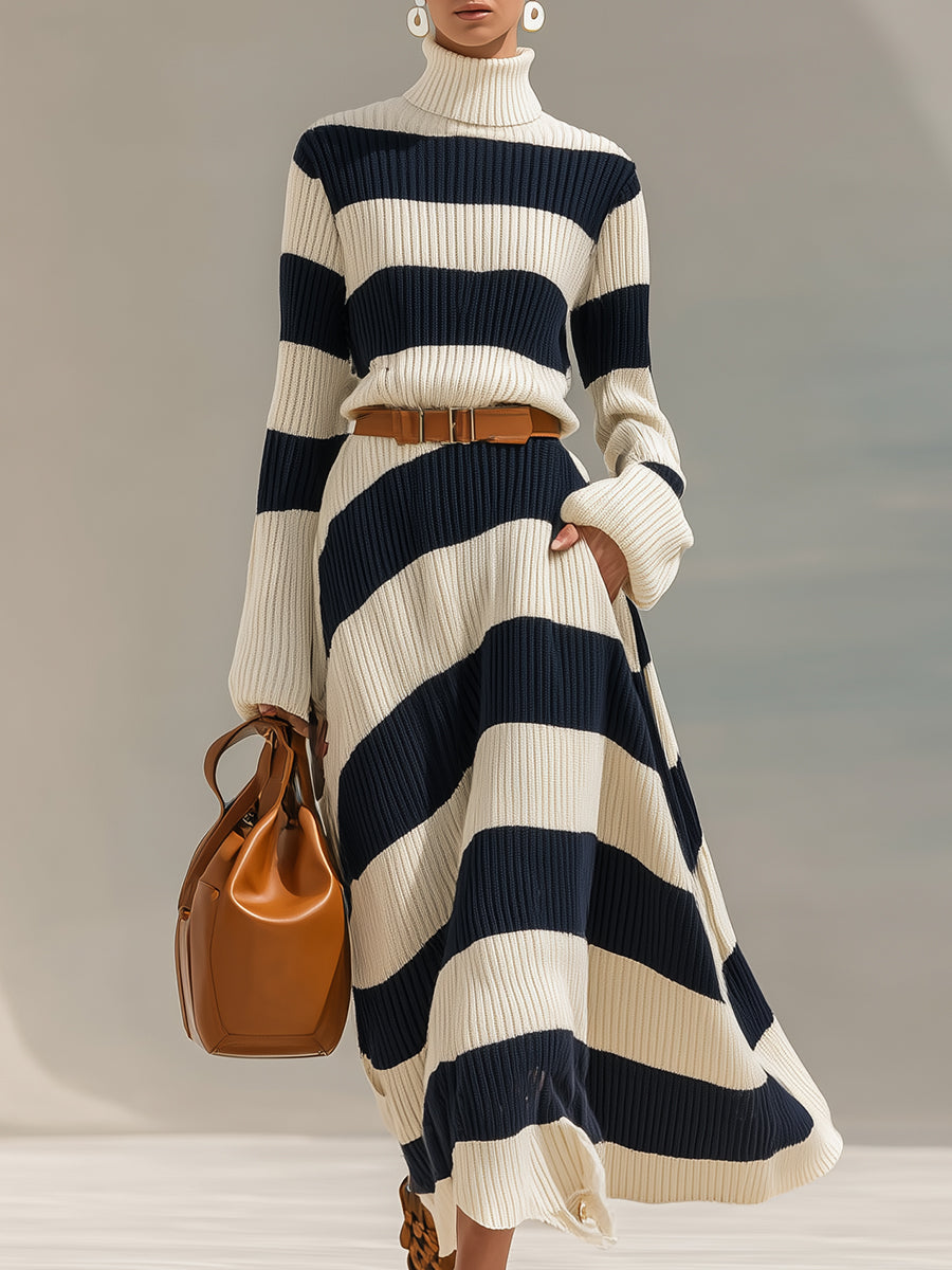 Contrast Striped Knitted Long Sleeve Maxi Dress