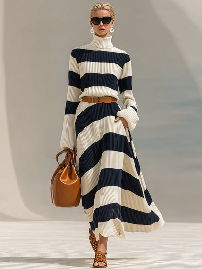 Contrast Striped Knitted Long Sleeve Maxi Dress