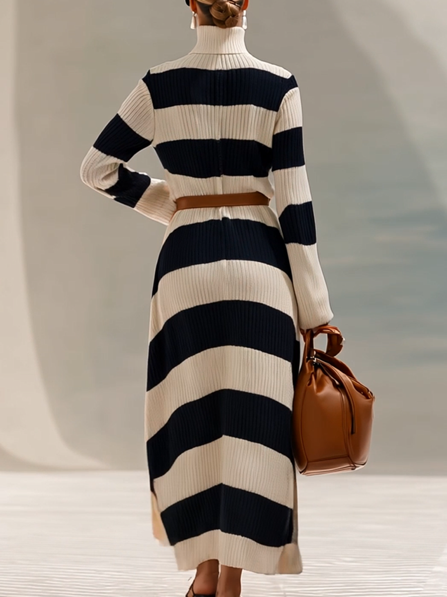 Contrast Striped Knitted Long Sleeve Maxi Dress