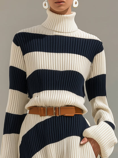 Contrast Striped Knitted Long Sleeve Maxi Dress