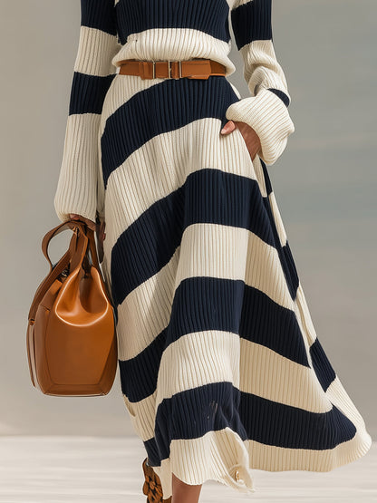 Contrast Striped Knitted Long Sleeve Maxi Dress