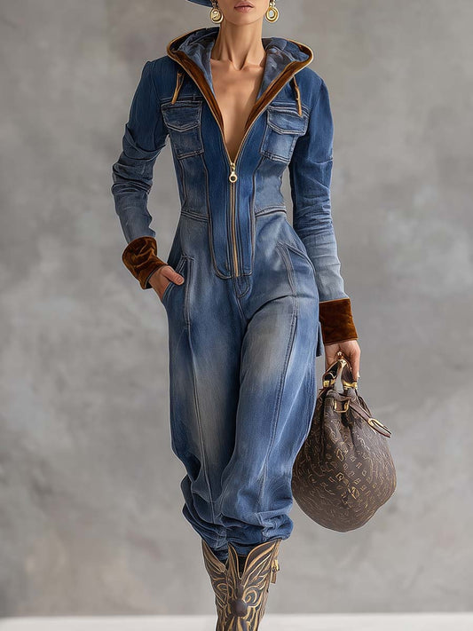 V-neck Zipper Velvet Stitching Blue Denim Jumpsuit