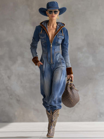 V-neck Zipper Velvet Stitching Blue Denim Jumpsuit