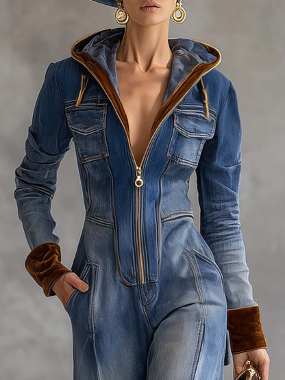 V-neck Zipper Velvet Stitching Blue Denim Jumpsuit