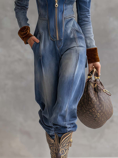 V-neck Zipper Velvet Stitching Blue Denim Jumpsuit