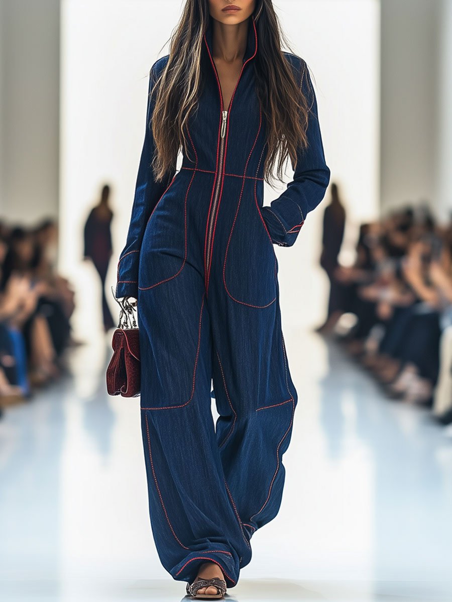 Denim Wide Leg Long Sleeve Jumpsuit
