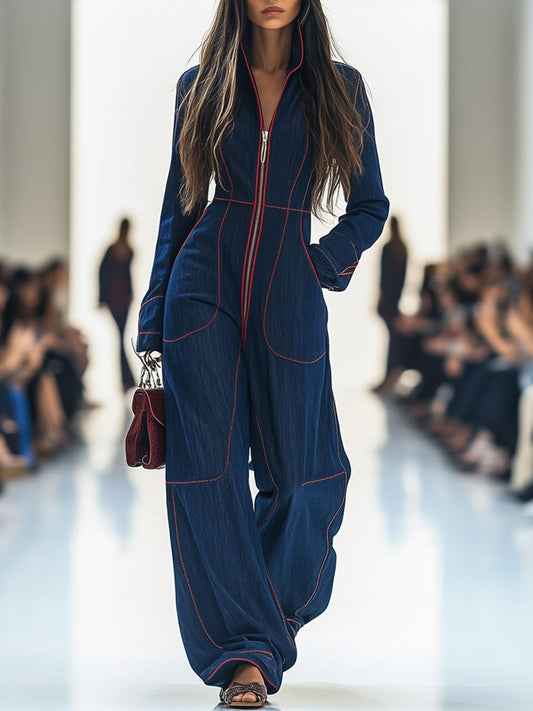 Denim Wide Leg Long Sleeve Jumpsuit