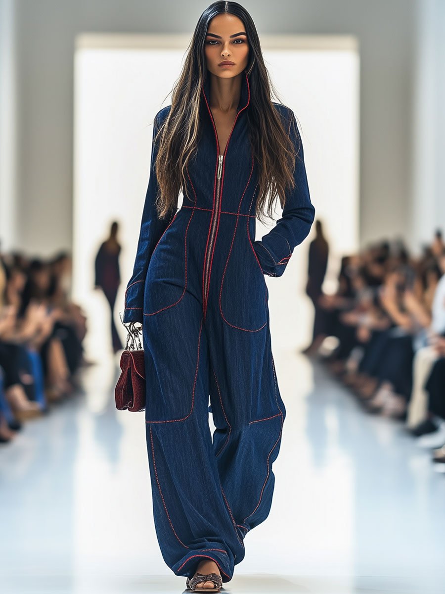 Denim Wide Leg Long Sleeve Jumpsuit